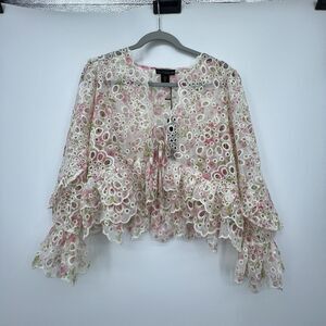 House of Harlow Eyelet Tie Front Top Sz S Bell Sleeves Ruffle Fairy Coquette